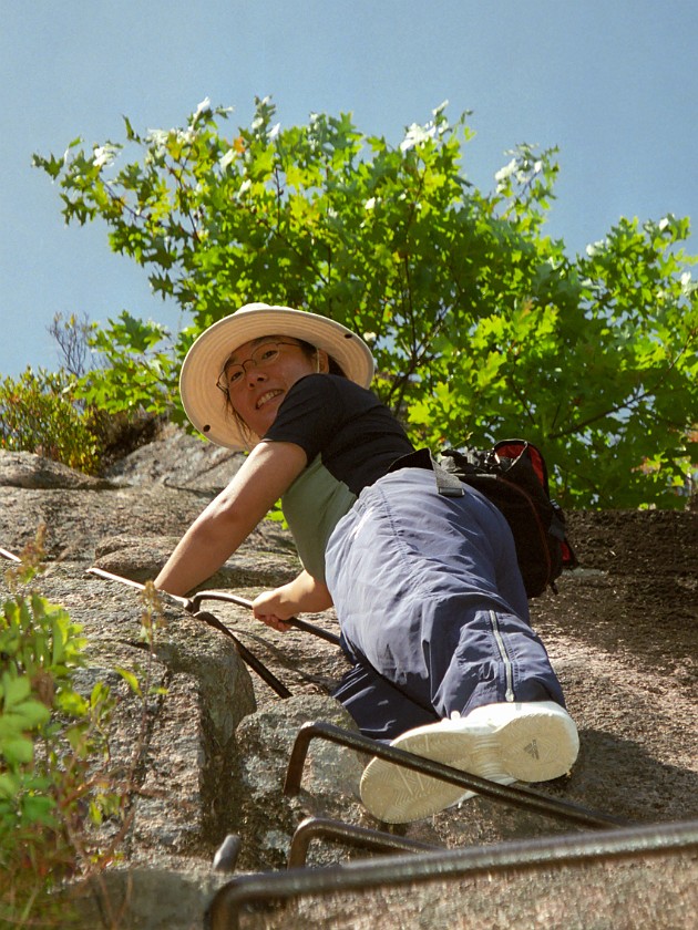 Climbing to the Top of Mount Champlain. Iron Ladder. Arcadia National Park. .