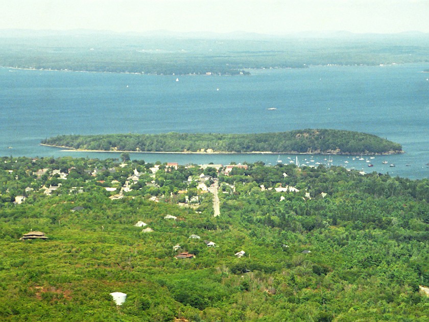Climbing to the Top of Mount Champlain. View on Bar Harbor. Arcadia National Park. .