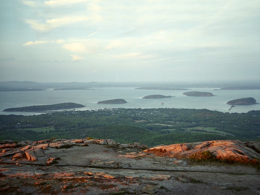 Sunset at Cadillac Mountain. View on Bar Harbor. Arcadia National Park. .
