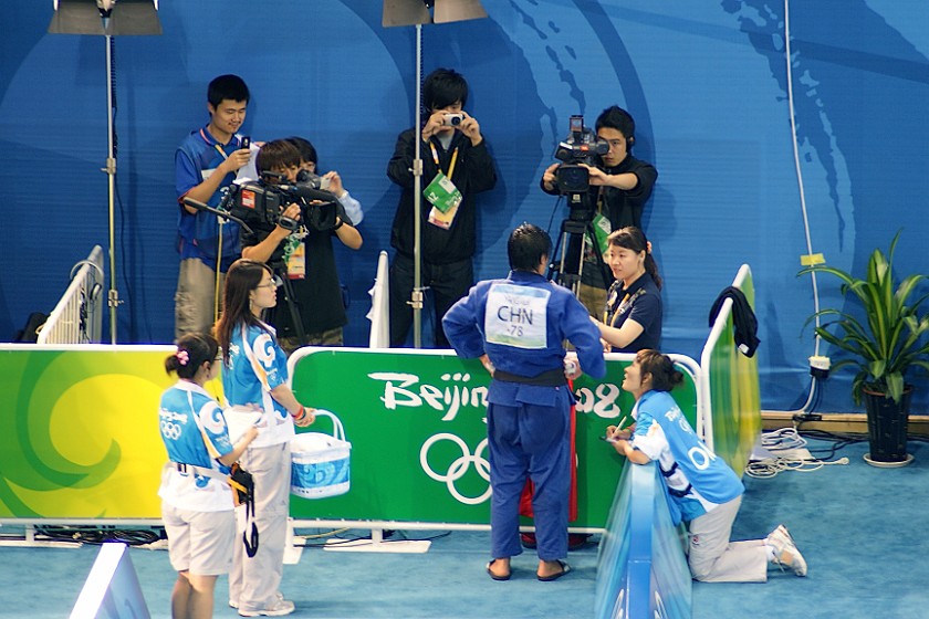 Judo Women's 78kg and Men's 100kg Final. TV interview. Beijing. .