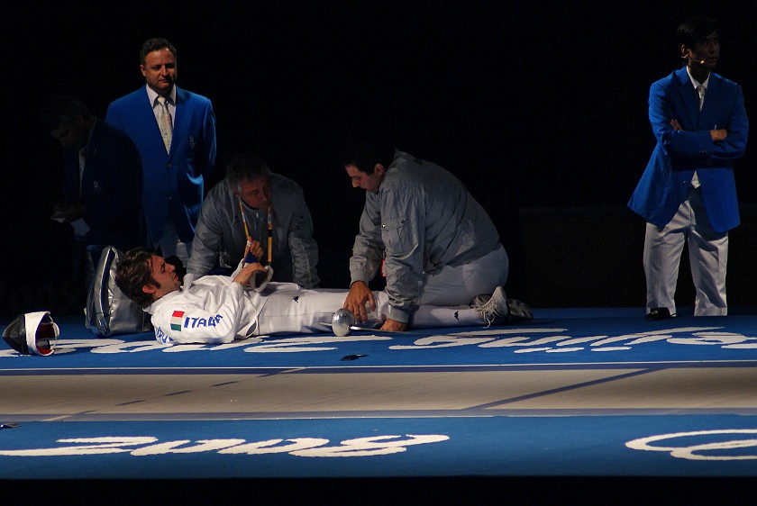 Men's Team Epee Bronze and Gold Medal Matches. Leg injury of an italian team contestant. Beijing. .