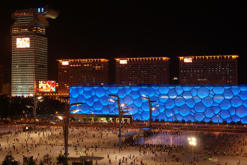 Olympic Green at Night. National Aquatics Center and Pangu Plaza. Beijing. .