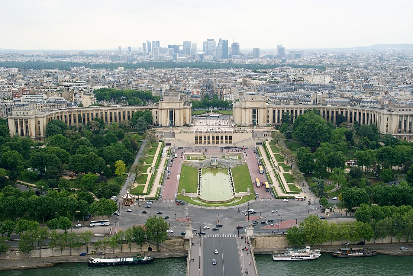 Eiffel Tower. View from Eiffel Tower on Trocadéro Gardens, Palais de Chaillot and La Défense. Paris. .