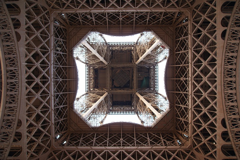Eiffel Tower. View up from the bottom of the Eiffel Tower towards the second level. Paris. .