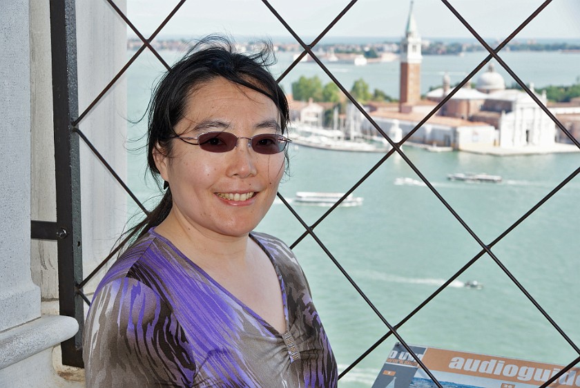 Saint Mark's Tower. Portrait with View from Top on San Giorgio Maggiore. Venice. .