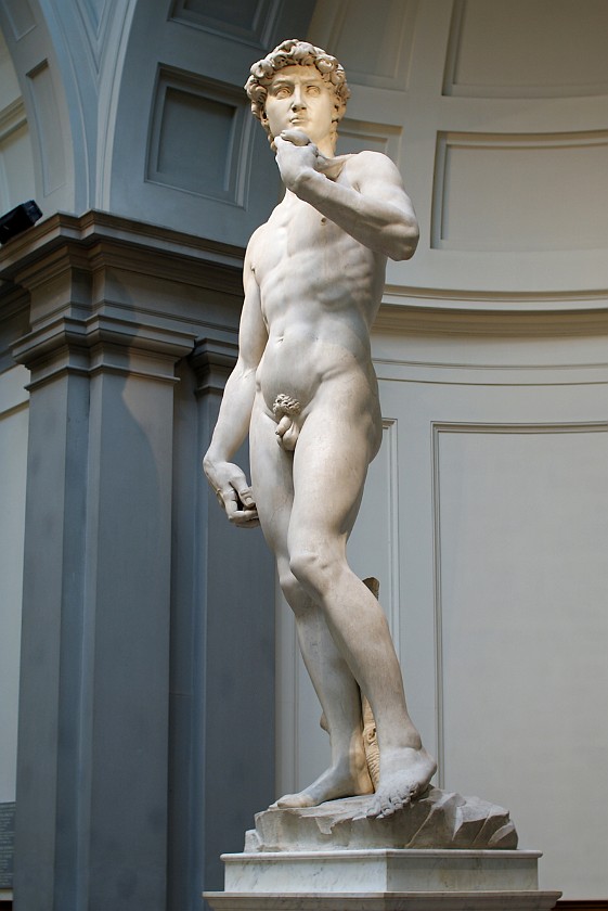 Palazzo Veccio. Michelangelo's David in the Galleria dell' Accademia. Florence. .