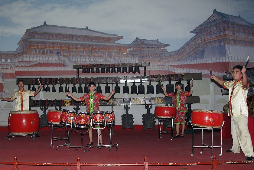 Bell & Drum Tower. Musicians Playing Drums Inside the Drum Tower. Xi'an. .