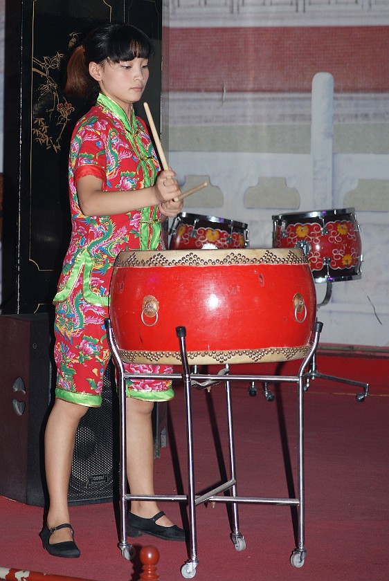 Bell & Drum Tower. Musician Playing a Drum Inside the Drum Tower. Xi'an. .