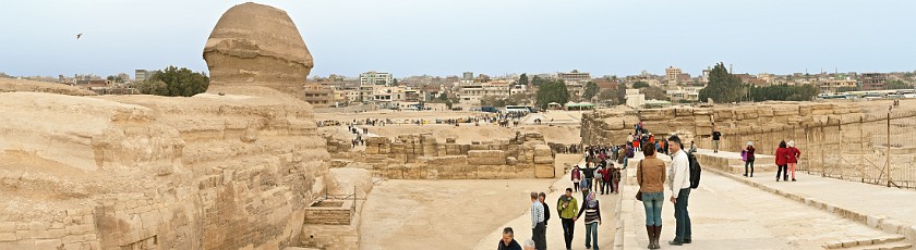 Pyramids of Giza. Panoramic view on the Sphinx and Khafre's funary temple. Cairo. .