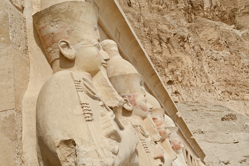 Temple of Hatshepsut. Hatshepsut statues on the upper terrace. near Luxor. .