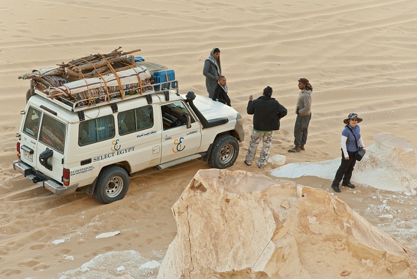 White Desert Safari. AWD vehicle and tour guides at Aqabat. near Qasr al-Farafra. .
