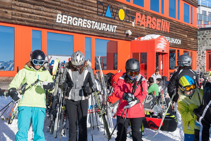 Skiing at Davos. Weissfluhjoch restaurant. Davos. .