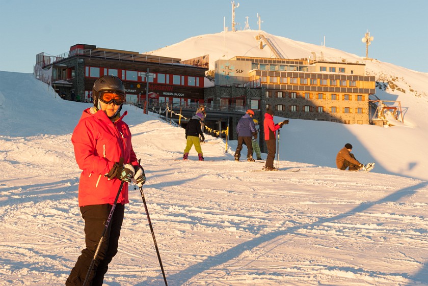 Skiing at Davos. Sunset at the Weissfluhjoch. Davos. .
