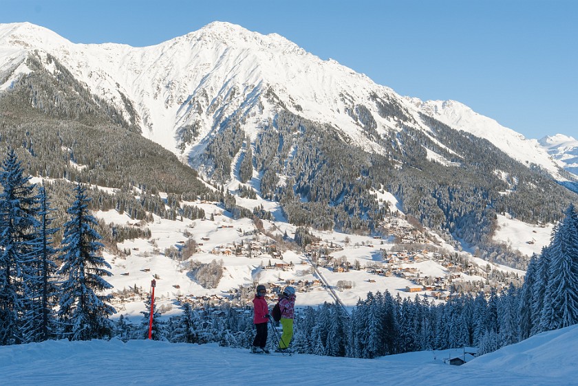 Skiing at Davos. View into the Davos valley. Davos. .
