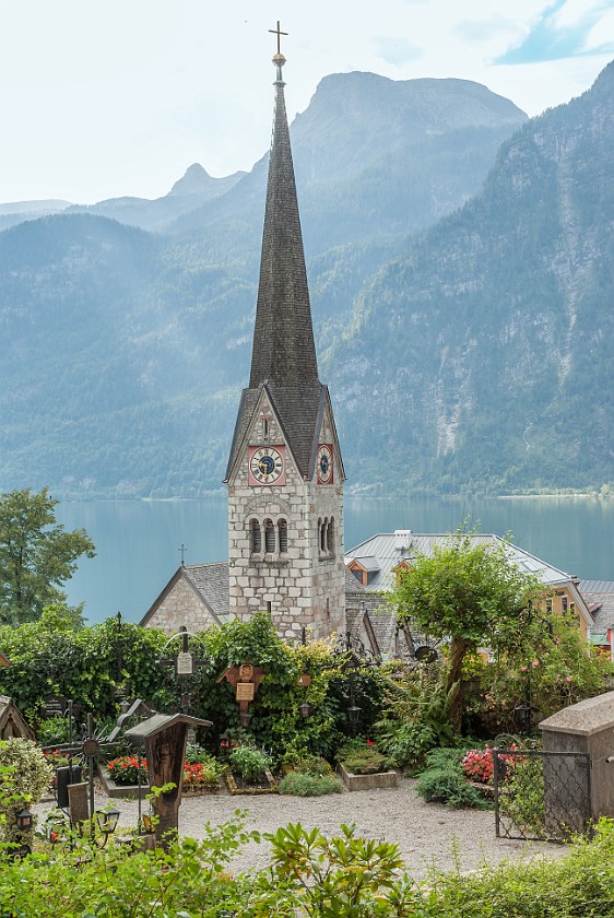 Catholic Church. View on the evangelical church. Hallstatt. .