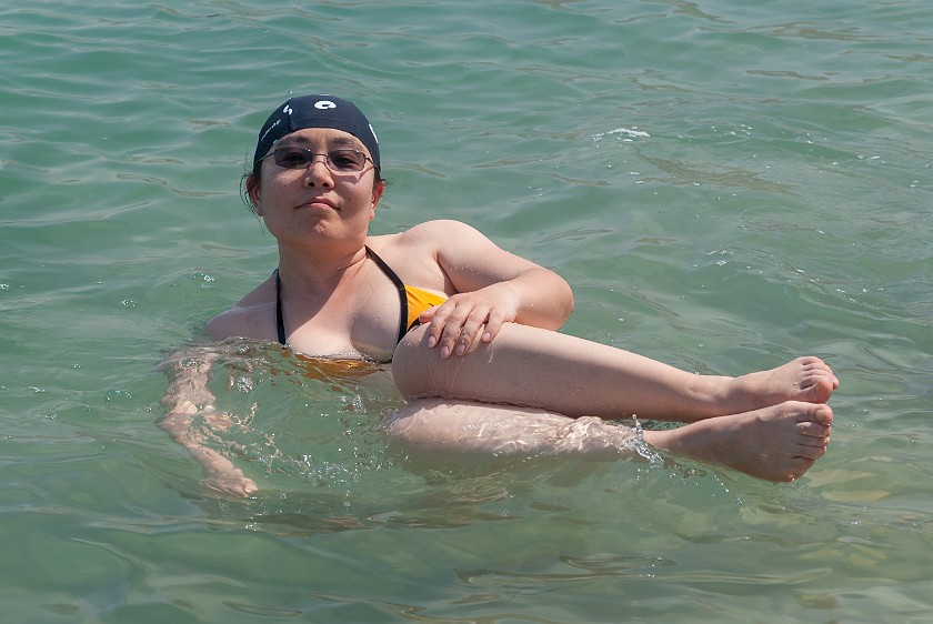 Mineral Beach at the Dead Sea. Portrait while floating. Kibbutz Mitzpe Shalem. .