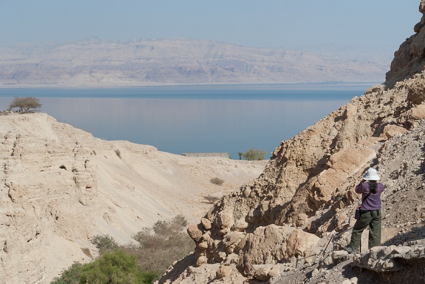 Ein Gedi Nature Reserve. Wadi David with view on the Dead Sea. Kibbutz Ein Gedi. .