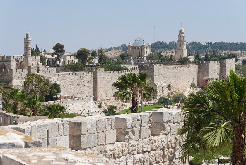Old City of Jerusalem. Old city wall with view to the Tower of David and the Church of the Dormition. Jerusalem. .