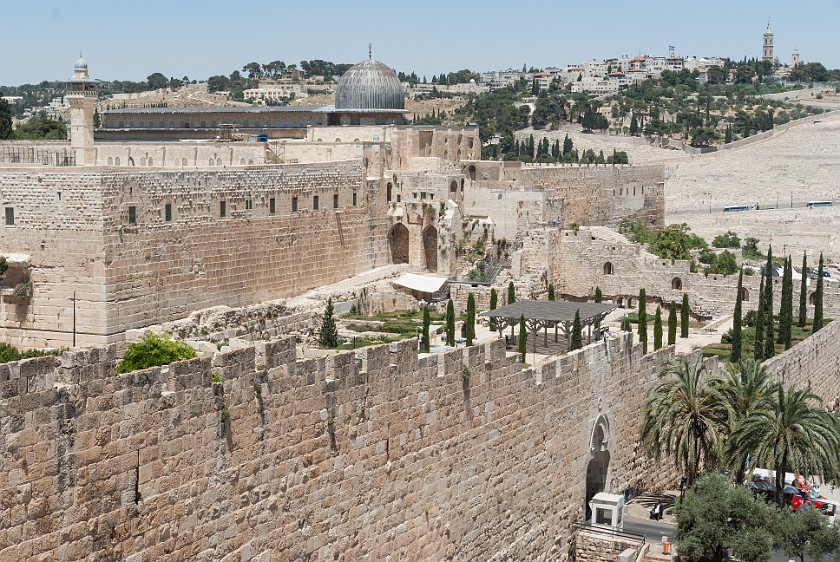 Old City of Jerusalem. View from the Rampard on Dung Gate, Al-Aqsa Mosque and Mount of Olives. Jerusalem. .