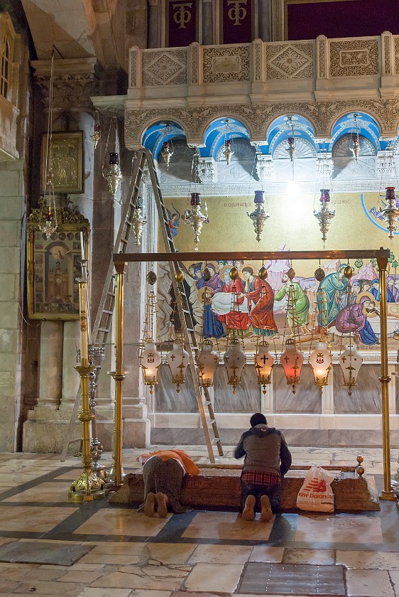 Church of the Holy Sepulchre. Stone of Unction, where the body of Jesus was cleaned. Jerusalem. .