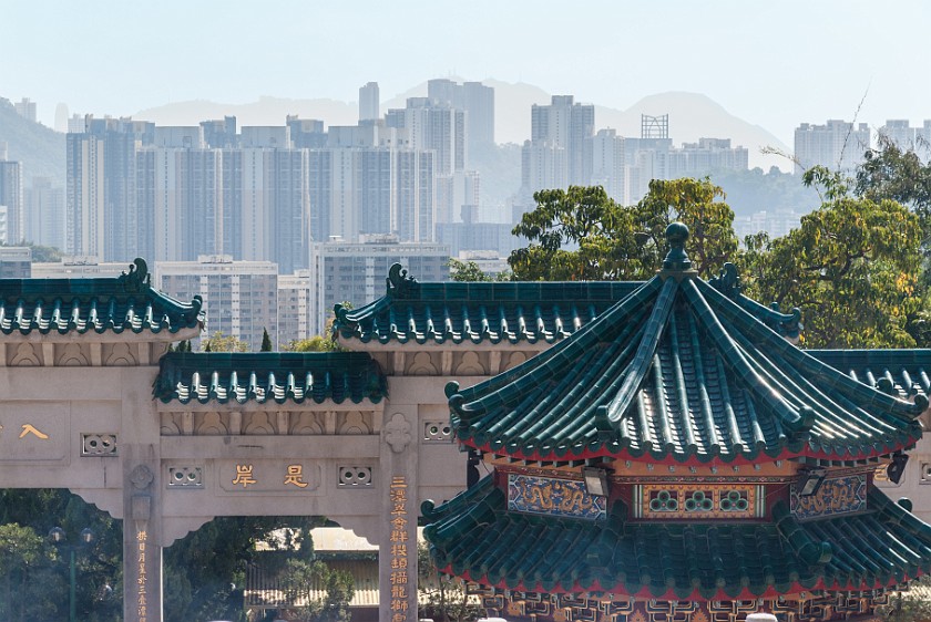 Yuen Yuen Institute. View from the temple on the high-rise building sky line. Hong Kong. .