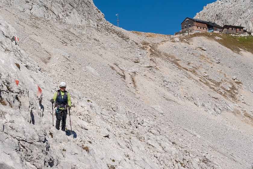 Hike to the Partenkirchener Dreitorspitze. View on Meilerhütte. near Garmisch-Partenkirchen. .