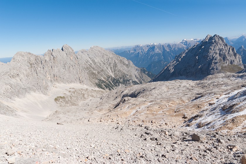 Hike to the Partenkirchener Dreitorspitze. View on the Leutascher Platt. near Garmisch-Partenkirchen. .