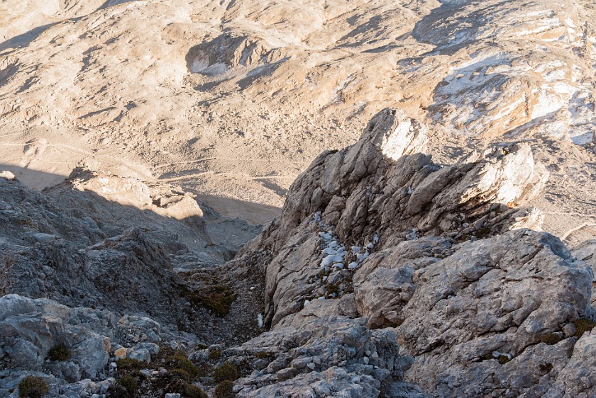 Via Ferrata to the Partenkirchener Dreitorspitze. View down from near the summit. near Garmisch-Partenkirchen. .