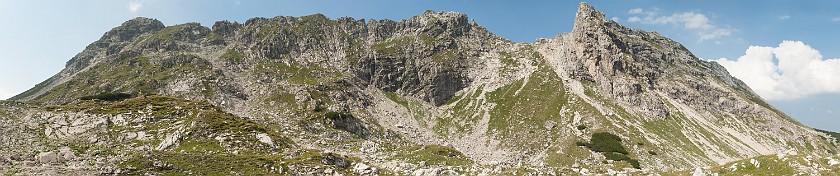 Hindelanger Klettersteig. Panoramic view on mountain ridge from Koblat plateau. Oberstdorf. .