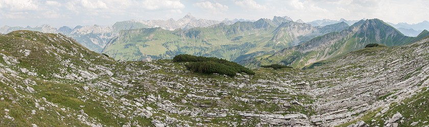 Hindelanger Klettersteig. Panoramic view on the Alps from Koblat plateau. Oberstdorf. .
