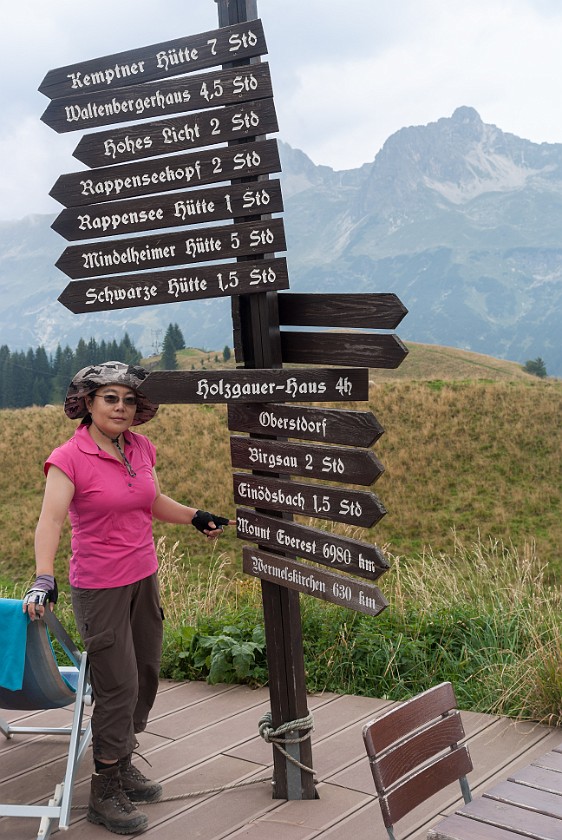 Hike to the Rappenseehütte. Signposts at the Enzianhütte. Oberstdorf. .