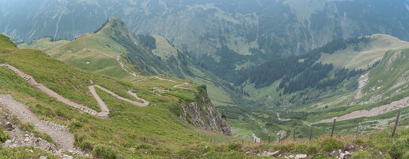 Hike to the Rappenseehütte. View onto the Rappenalp. Oberstdorf. .