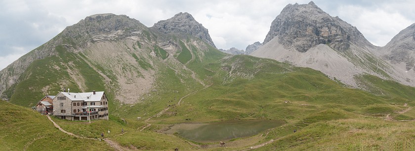 Hike to the Rappenseehütte. Panoramic view on the Rappenseehütte. Oberstdorf. .