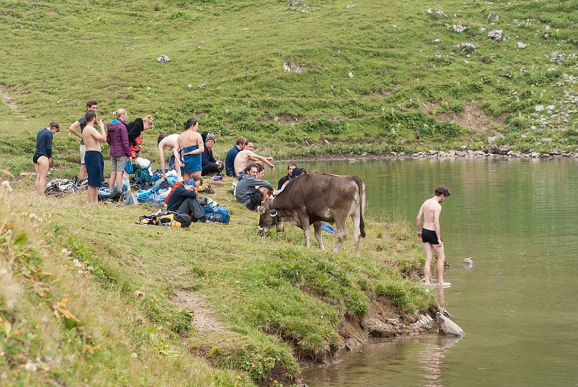 Hike to the Rappenseehütte. People at the Rappensee. Oberstdorf. .