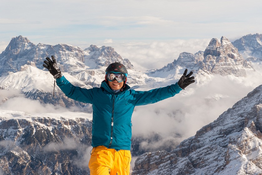 Cristallo. Portrait of friend with Tre Cime in the background. Cortina D'Ampezzo. .