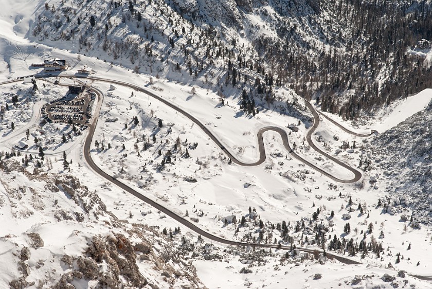 Lagazuoi, Second Day. View from the Lagazuoi down to Passo Falzarego. Cortina D'Ampezzo. .