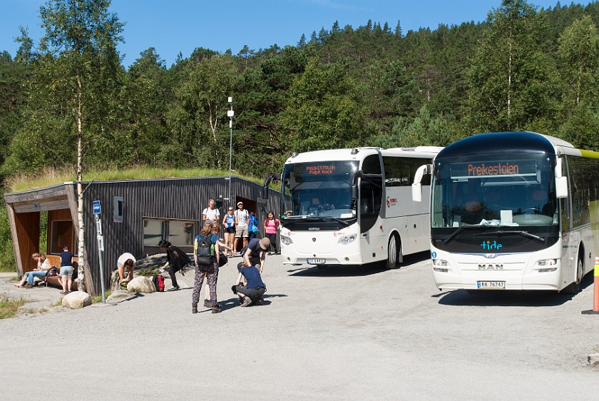 Hike to the Preikestolen. Bus stop at the end of the Preikestolvegen. near Jorpeland. .