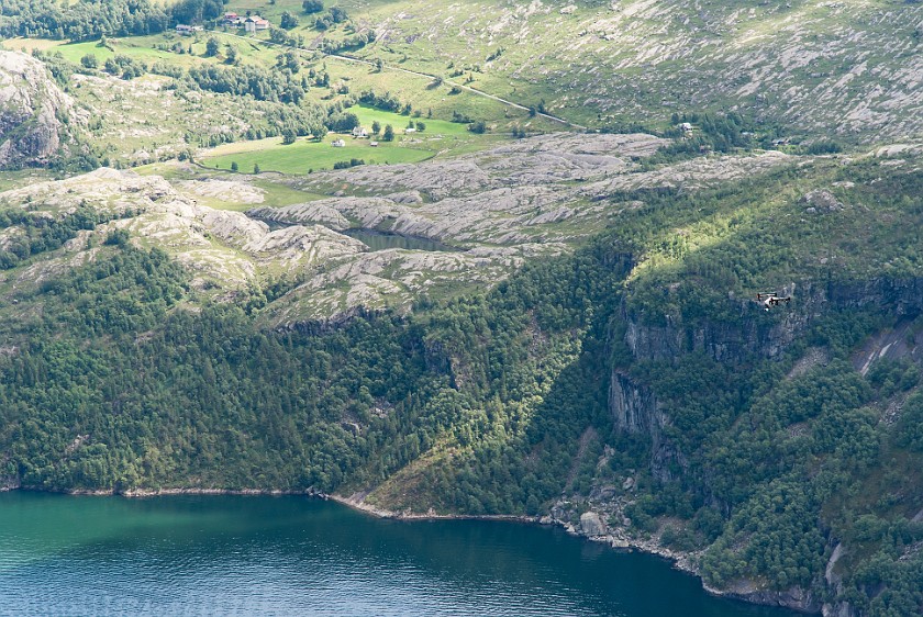 Hike to the Preikestolen. View from Preikestolen towards Fossmork. near Jorpeland. .