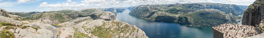 Hike to the Preikestolen. Panoramic view from the Preikestolen onto the Lysefjord . near Jorpeland. .