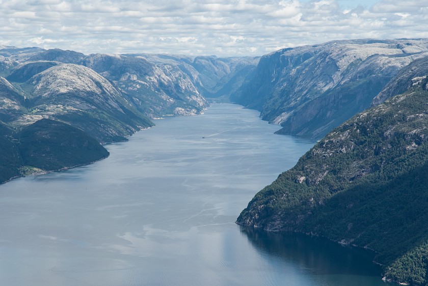Hike to the Preikestolen. View from the Preikestolen onto the Lysefjord and Lysebotn. near Jorpeland. .