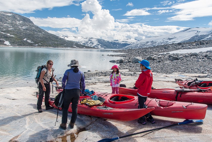 Styggevatnet Lake & Austdalsbreen Glacier. Kayaks near the glacier. near Gjerde. .