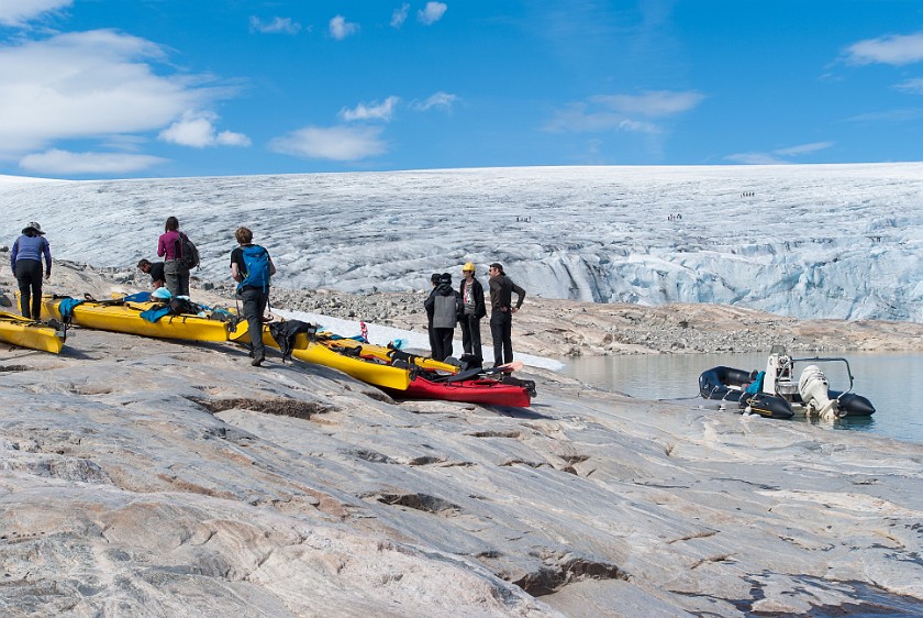 Styggevatnet Lake & Austdalsbreen Glacier. Kayaks near the glacier. near Gjerde. .