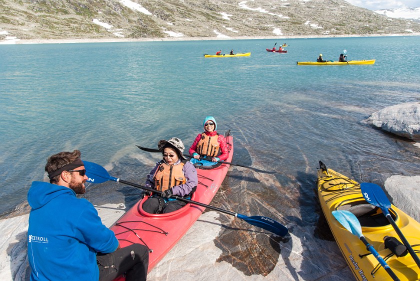 Styggevatnet Lake & Austdalsbreen Glacier. Kayaking on the lake. near Gjerde. .