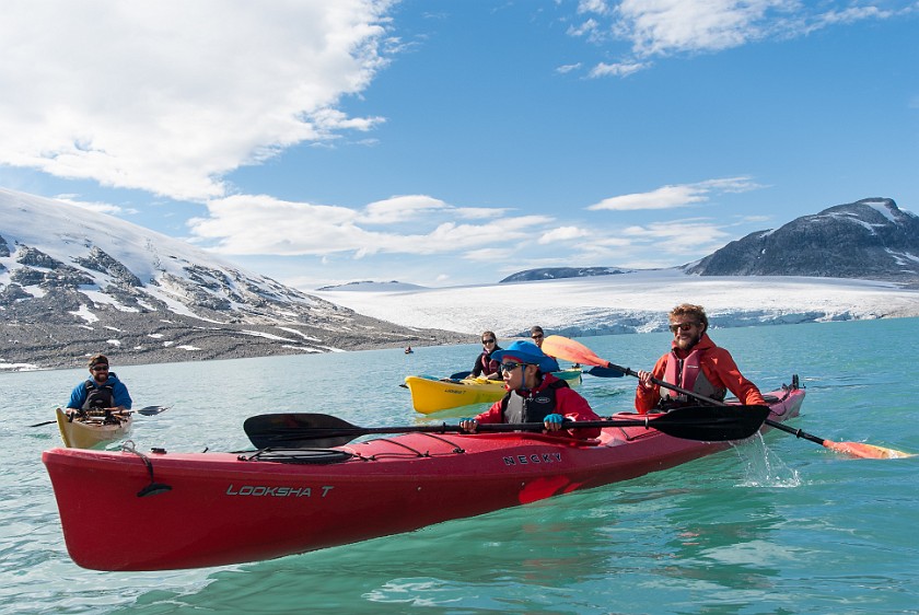 Styggevatnet Lake & Austdalsbreen Glacier. Kayaking on the lake. near Gjerde. .