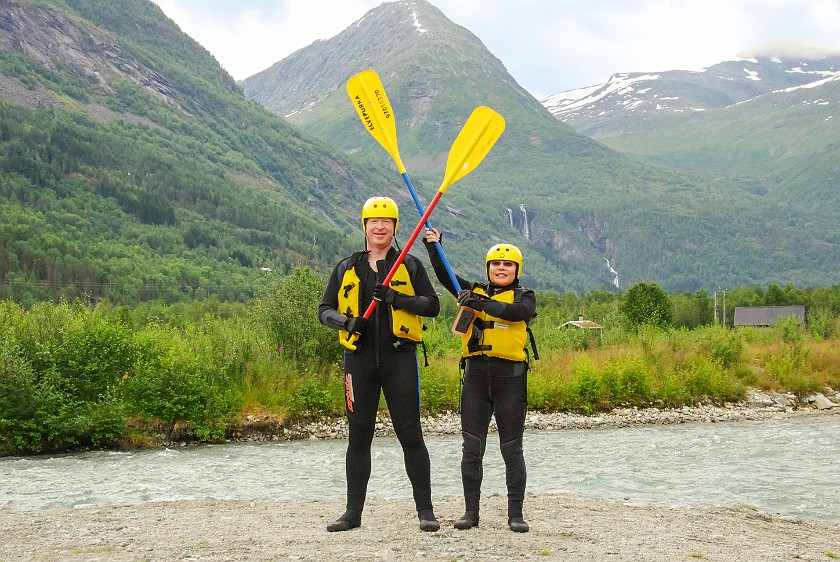 Jostedal Glacier River Rafting. Group portrait in front of the river. Gjerde. .