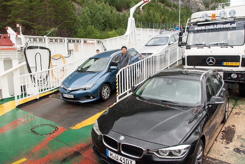 Borgund Stave Church. Cars on the Sognefjord ferry. near Kaupanger. .