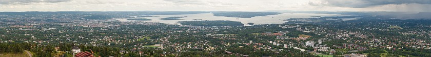 Holmenkollen. Panoramic view from the ski jumping tower on Oslo. Oslo. .