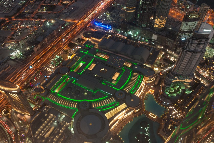 Burj Khalifa. View down at the Dubai Mall from level 148 at night. Dubai. .