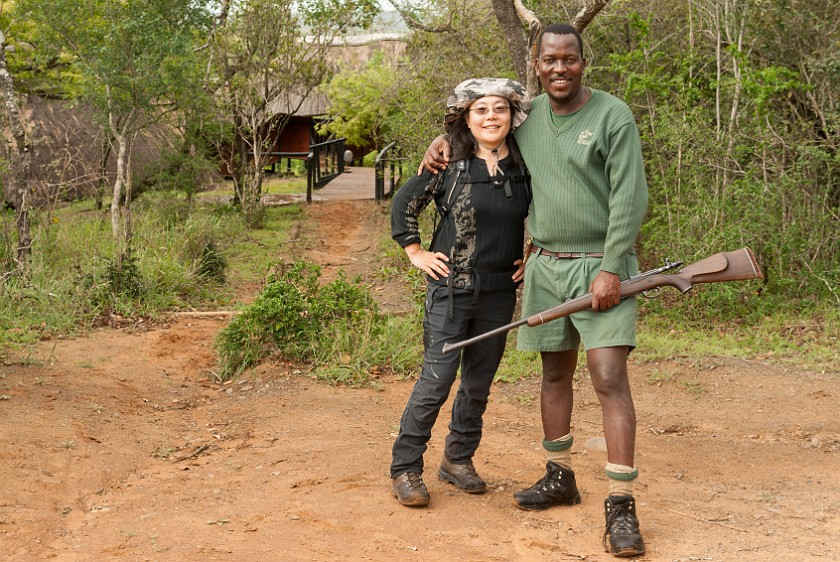 Hluhluwe-Imfolozi Game Reserve. Portrait with ranger at the Muntulu Bush Lodge. Hluhluwe. .