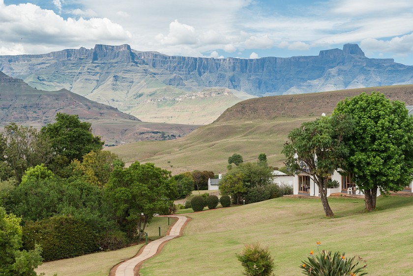 Royal Natal National Park. Mont Aux Sources Hotel with view on the Ampitheatre. Bergville. .